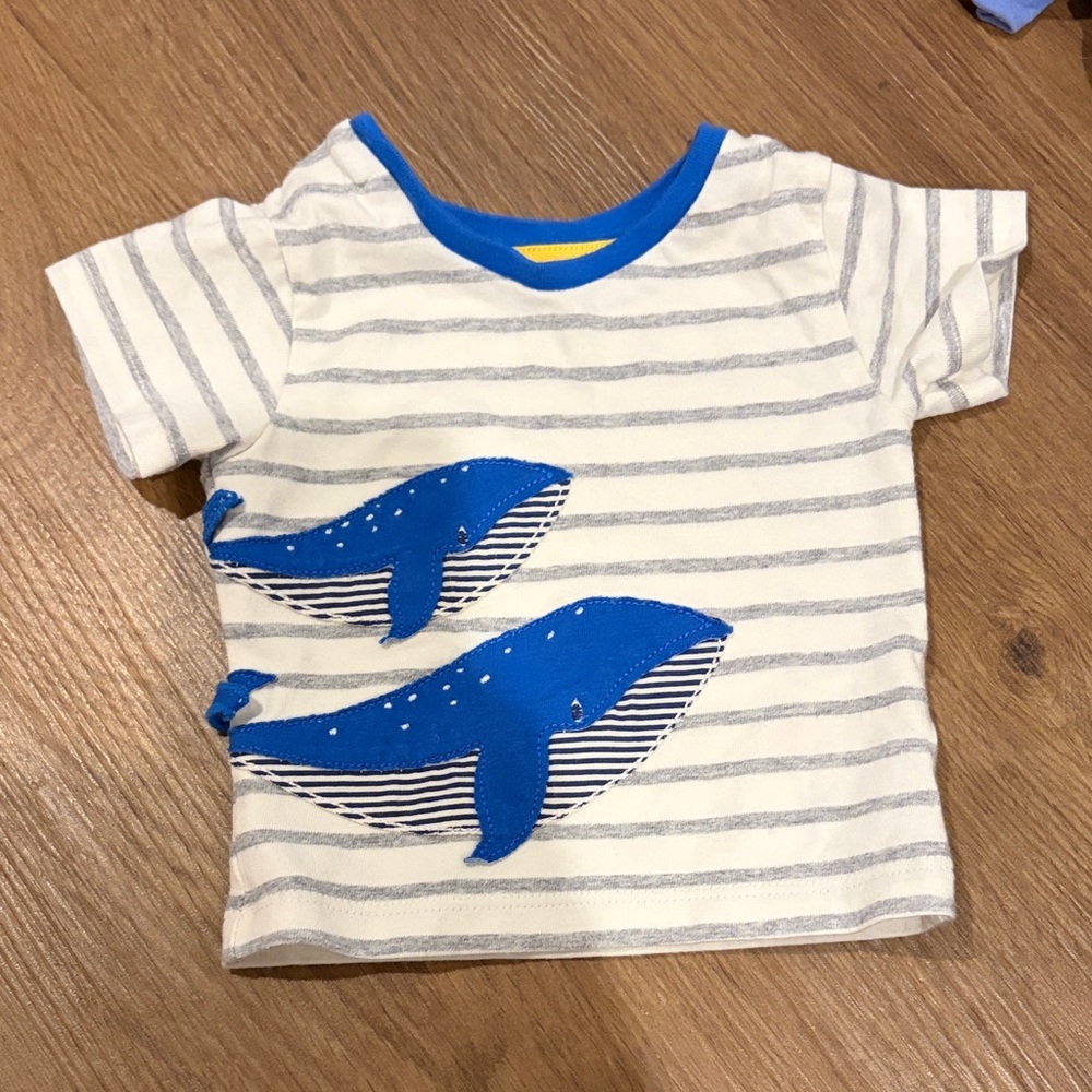 Baby Boden White & Blue Striped Tee with Blue Whale Appliqués